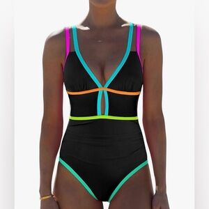 Popvil One Piece Swimsuit Tummy Control Cutout Black Neon Color Block Adj L NWT